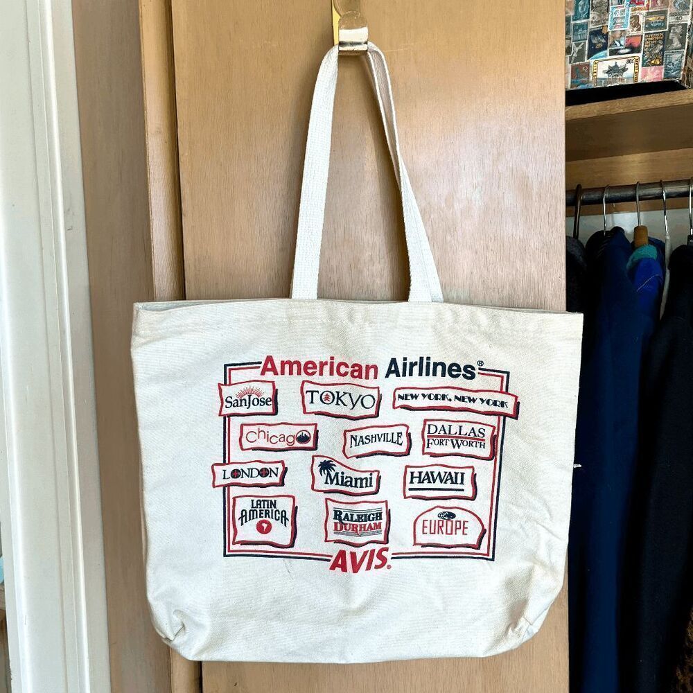 VTG 80s 90s American Airlines x Avis Canvas Travel Tote Bag Double Sided